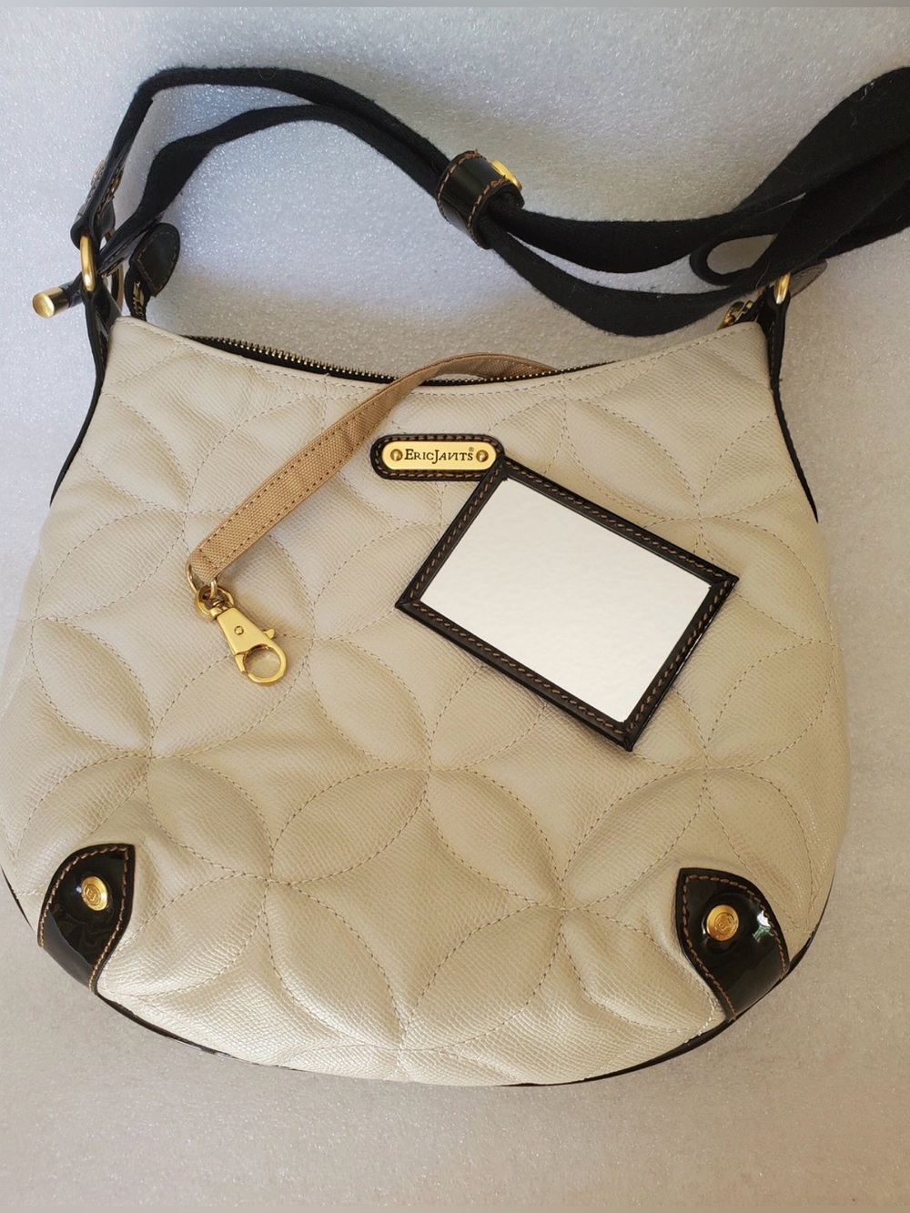 Eric Javits Cream Quilted Shoulder Bag with Black Patent Trim and Gold Hardware